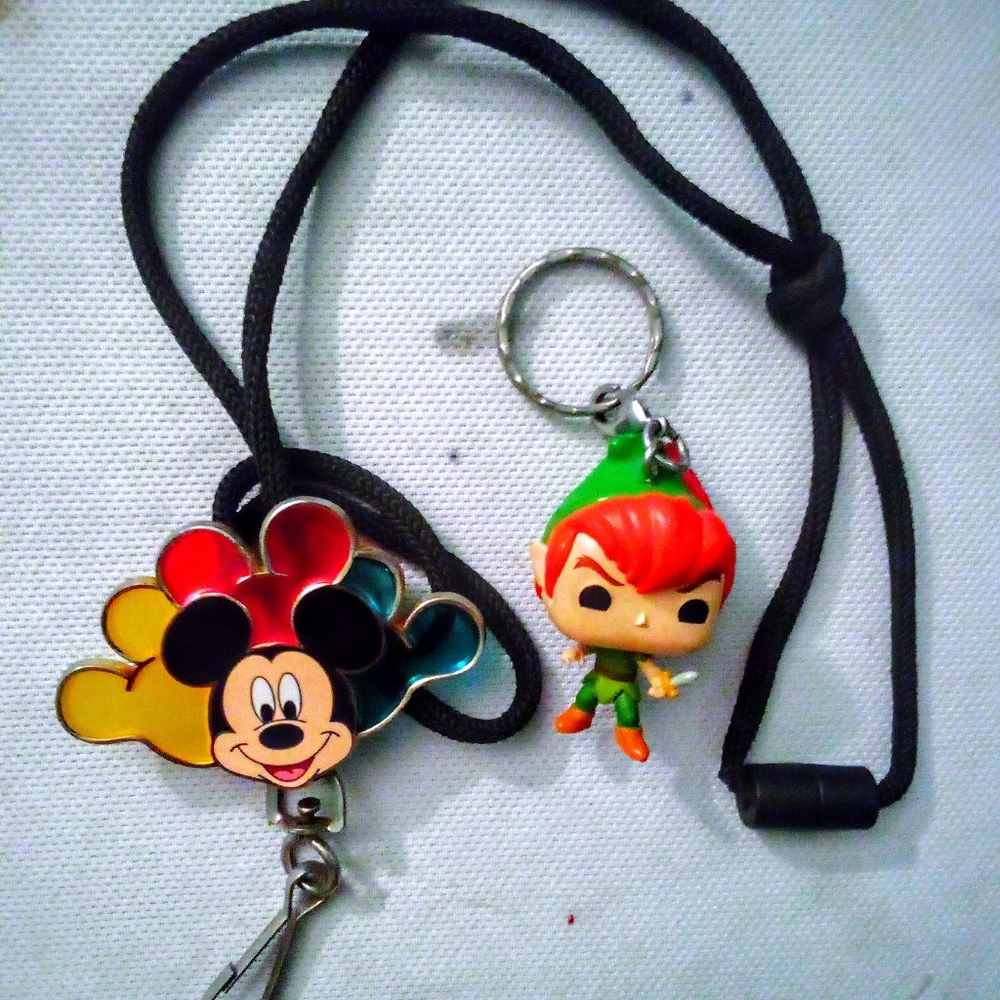 Disneyland Stained Glass Balloon MickeyMouse Lanyard Necklace& PeterPan Keychain
